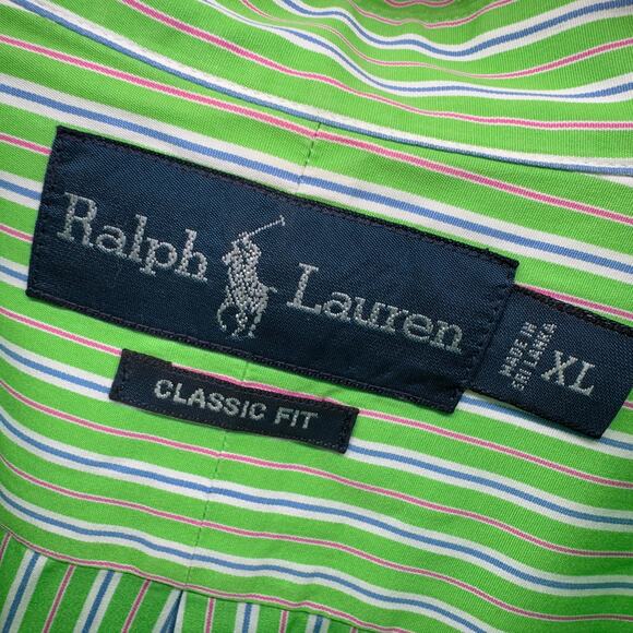 Ralph Lauren Shirt Mens XL Green Pink Stripe Button Down Classic Fit Blue Pony - Picture 3 of 7